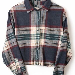 American Eagle Plaid Flannel Shirt Cropped Button Front Size Small